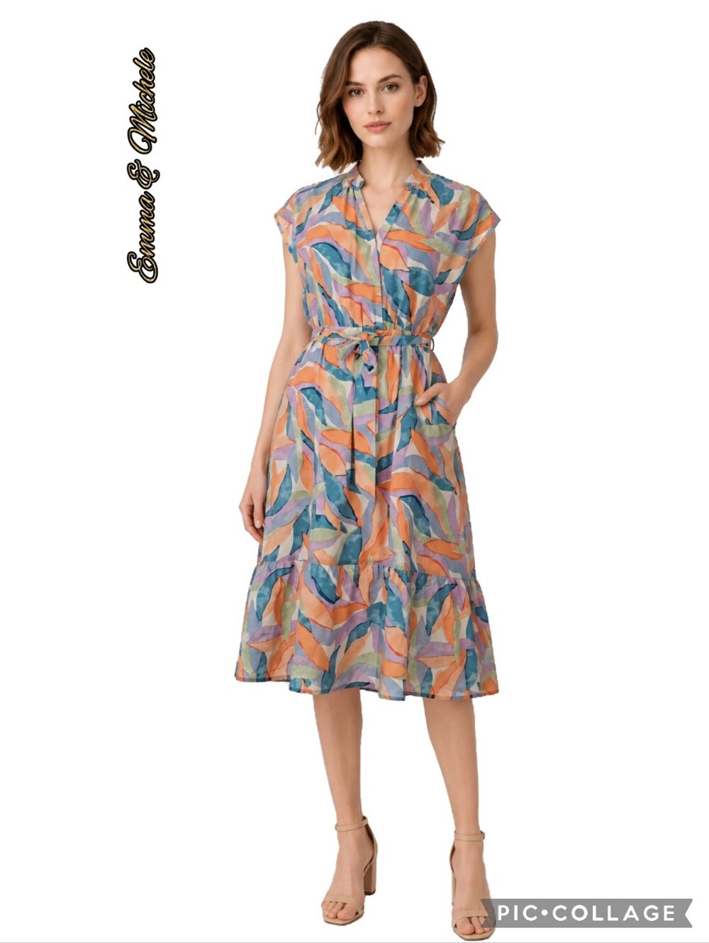 Emma & Michele Midi Wrap Dress Cap Sleeves Colorful Leaf Print V-neck, Belt NWT